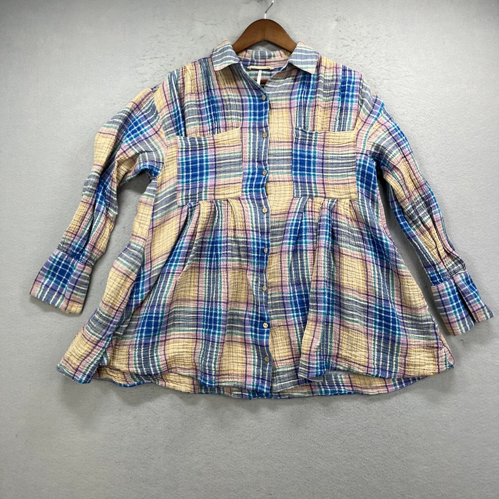 Free People Plaid Tunic Women XS Blue Purple Yellow Babydoll Gauze Boho Festival